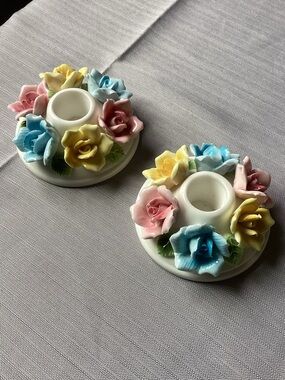 Set of Vintage Porcelain Pastel 3D Floral Tapered Candle Stick Holders
